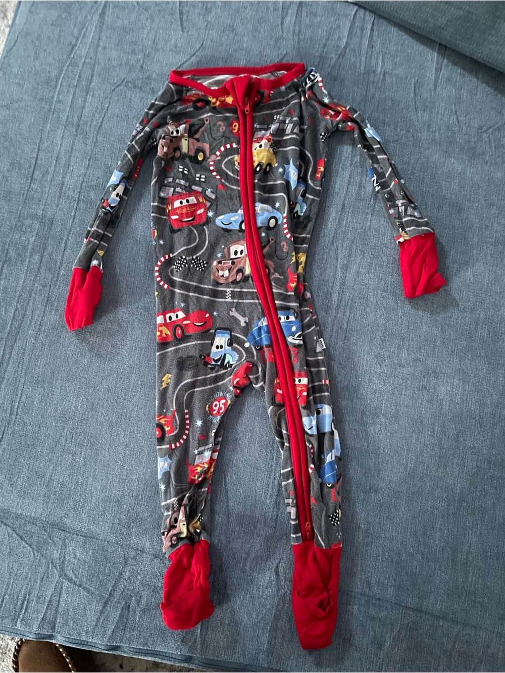 Little Sleepies Gray Cars Footed Pajamas with Red Trim